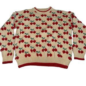 En Creme Cream Red Cherry Knit Crewneck Sweater Women's One Size OS